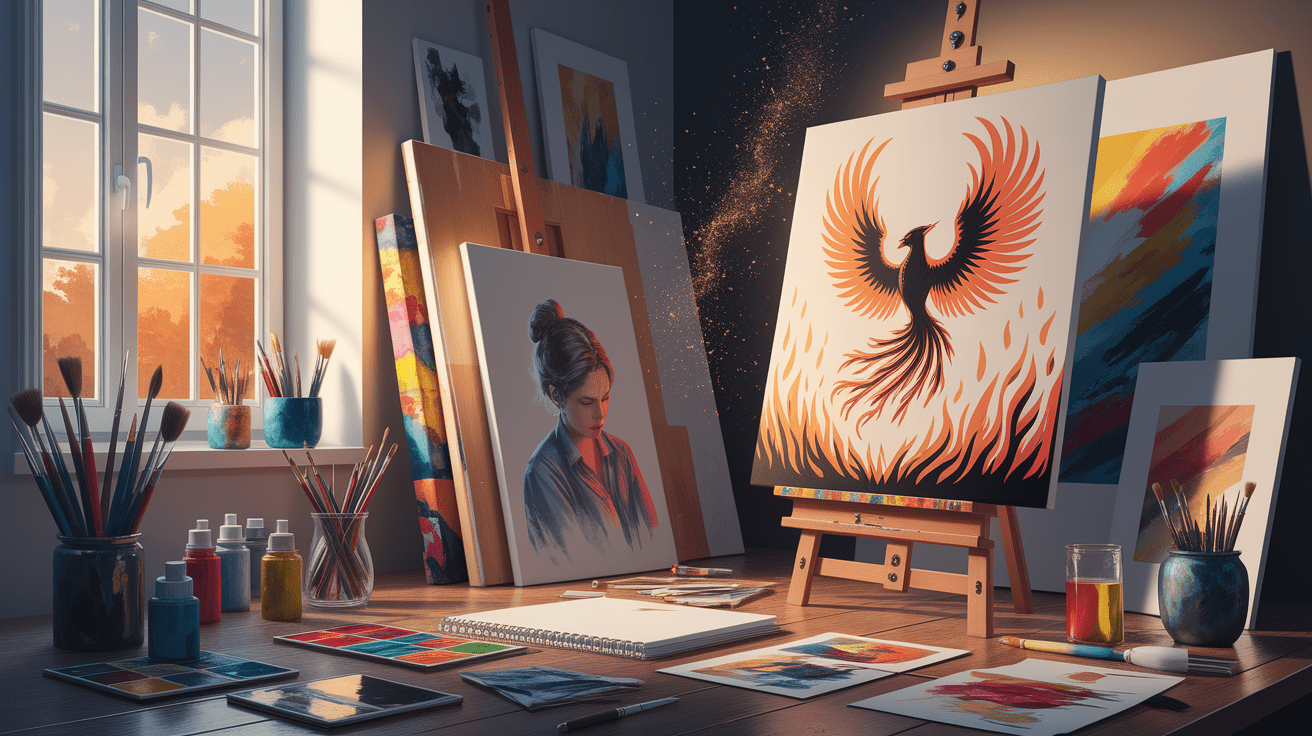 A conceptual illustration representing Final Curtain Call: Keeping Your Creative Flame Alive Post-Detox. Visualize the main ideas: . Creative but clear representation of the concept. Style: photorealistic. high quality, detailed, professional, clean composition, good lighting, sharp focus, well-composed. high quality, professional, detailed, well-composed