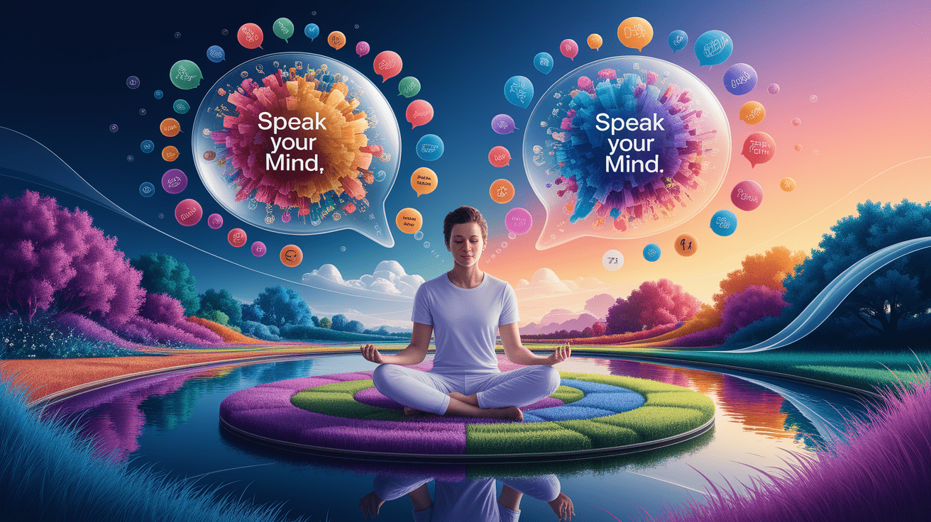 A conceptual illustration representing Speak Your Mind, Calm Your Mind. Visualize the main ideas: . Creative but clear representation of the concept. Style: photorealistic. high quality, detailed, professional, clean composition, good lighting, sharp focus, well-composed. high quality, professional, detailed, well-composed