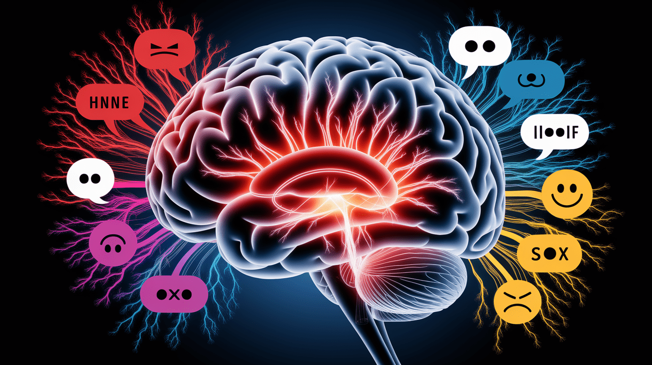 A conceptual illustration representing The Neurobiology of Swearing and Emotion. Visualize the main ideas: . Creative but clear representation of the concept. Style: photorealistic. high quality, detailed, professional, clean composition, good lighting, sharp focus, well-composed. high quality, professional, detailed, well-composed