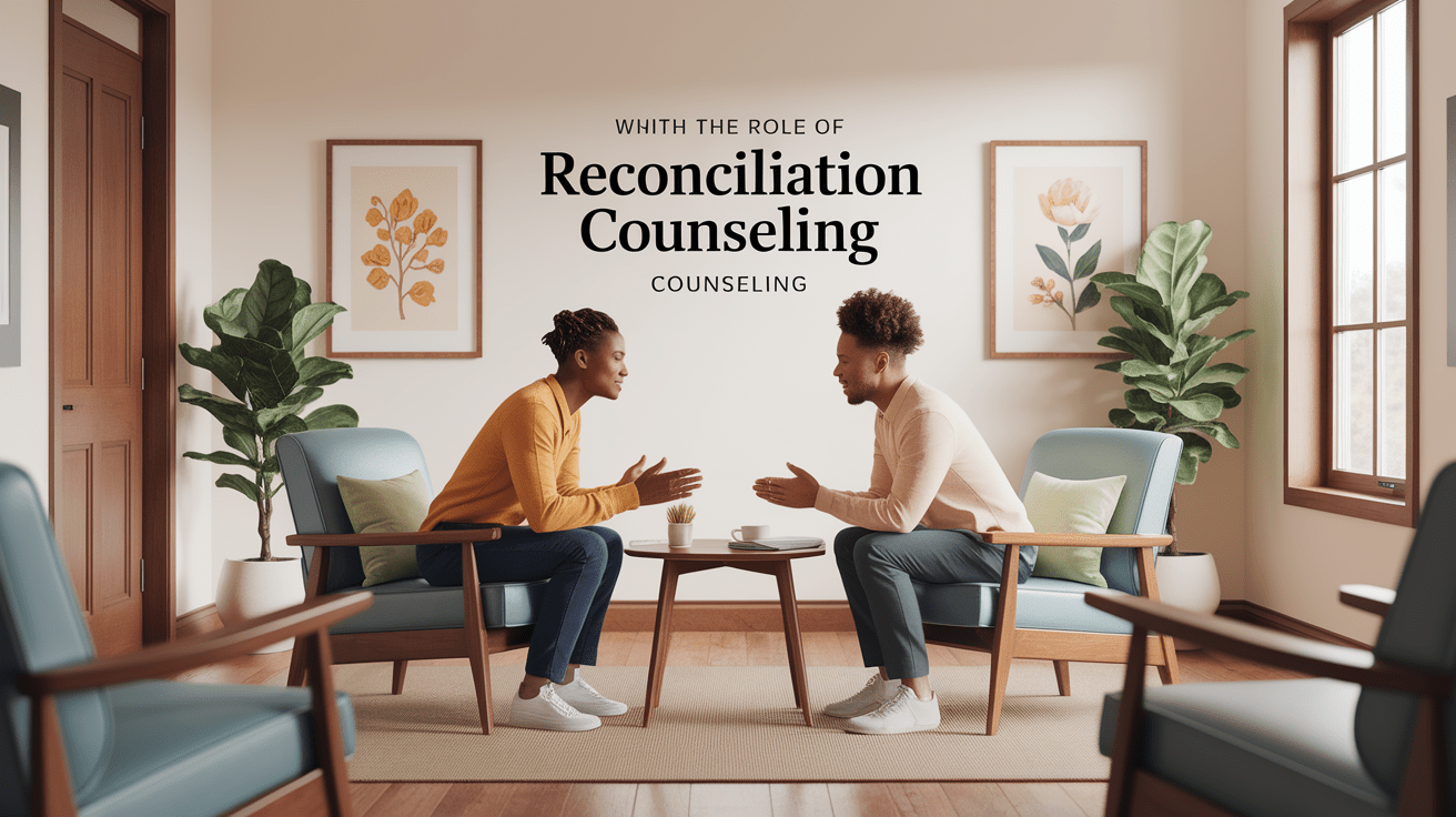 A conceptual illustration representing The Role of Reconciliation Counseling. Visualize the main ideas: . Creative but clear representation of the concept. Style: photorealistic. high quality, detailed, professional, clean composition, good lighting, sharp focus, well-composed. high quality, professional, detailed, well-composed