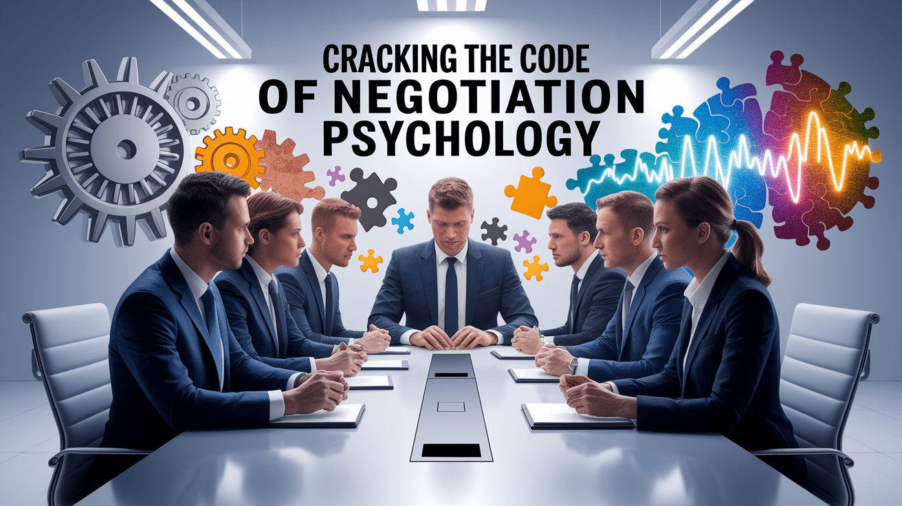 A conceptual illustration representing Cracking the Code of Negotiation Psychology. Visualize the main ideas: . Creative but clear representation of the concept. Style: photorealistic. high quality, detailed, professional, clean composition, good lighting, sharp focus, well-composed. high quality, professional, detailed, well-composed