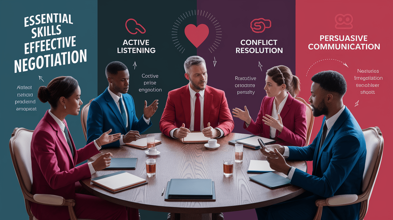 A conceptual illustration representing Essential Skills for Effective Negotiation. Visualize the main ideas: . Creative but clear representation of the concept. Style: photorealistic. high quality, detailed, professional, clean composition, good lighting, sharp focus, well-composed. high quality, professional, detailed, well-composed