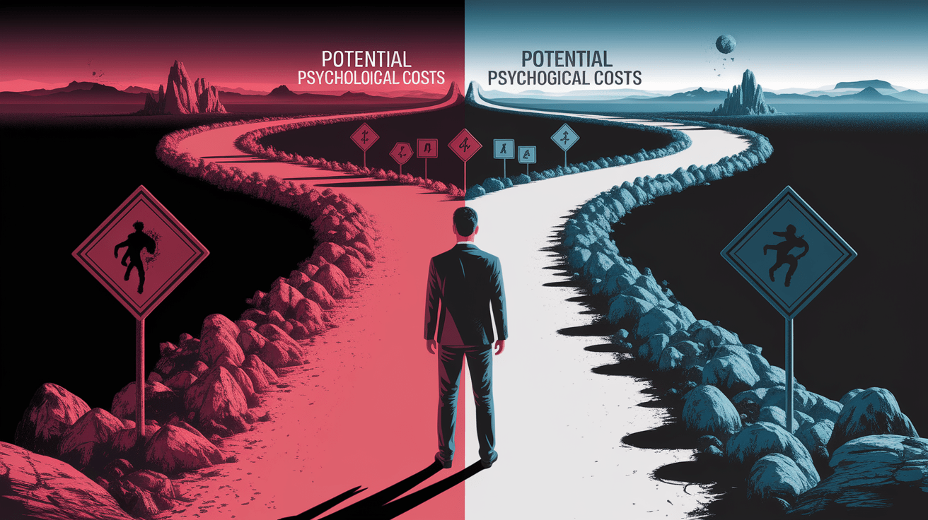 A conceptual illustration representing Potential Psychological Costs. Visualize the main ideas: . Creative but clear representation of the concept. Style: photorealistic. high quality, detailed, professional, clean composition, good lighting, sharp focus, well-composed. high quality, professional, detailed, well-composed