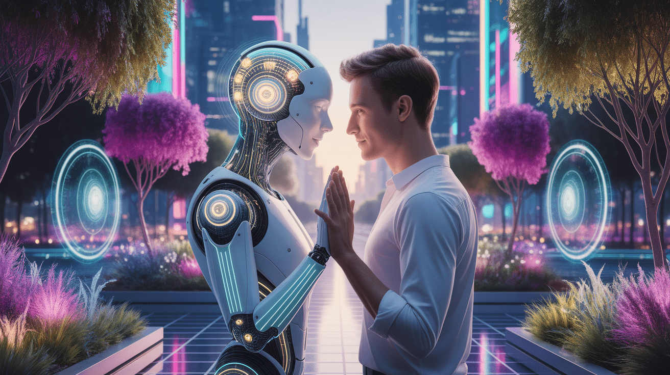 A conceptual illustration representing The Future of Human-AI Intimacy. Visualize the main ideas: . Creative but clear representation of the concept. Style: photorealistic. high quality, detailed, professional, clean composition, good lighting, sharp focus, well-composed. high quality, professional, detailed, well-composed