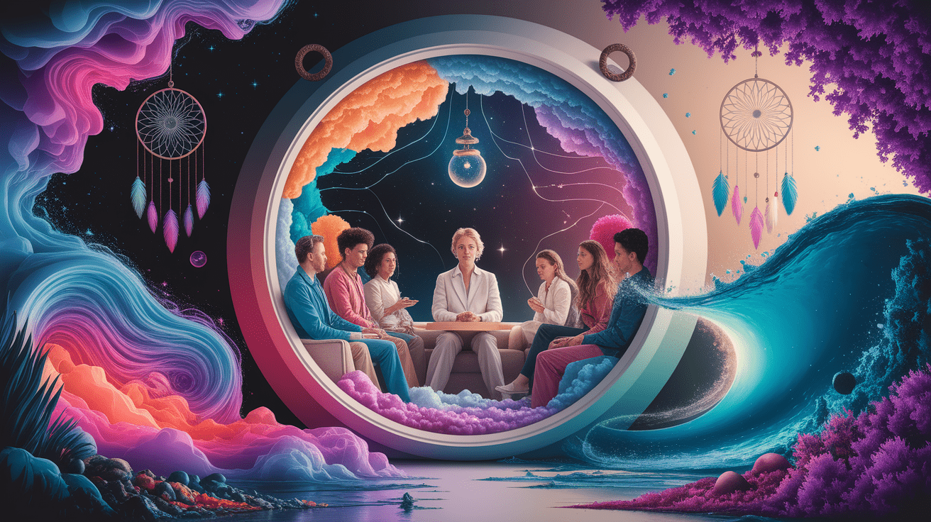 A conceptual illustration representing Dream Therapy: Psychological Applications. Visualize the main ideas: . Creative but clear representation of the concept. Style: photorealistic. high quality, detailed, professional, clean composition, good lighting, sharp focus, well-composed. high quality, professional, detailed, well-composed