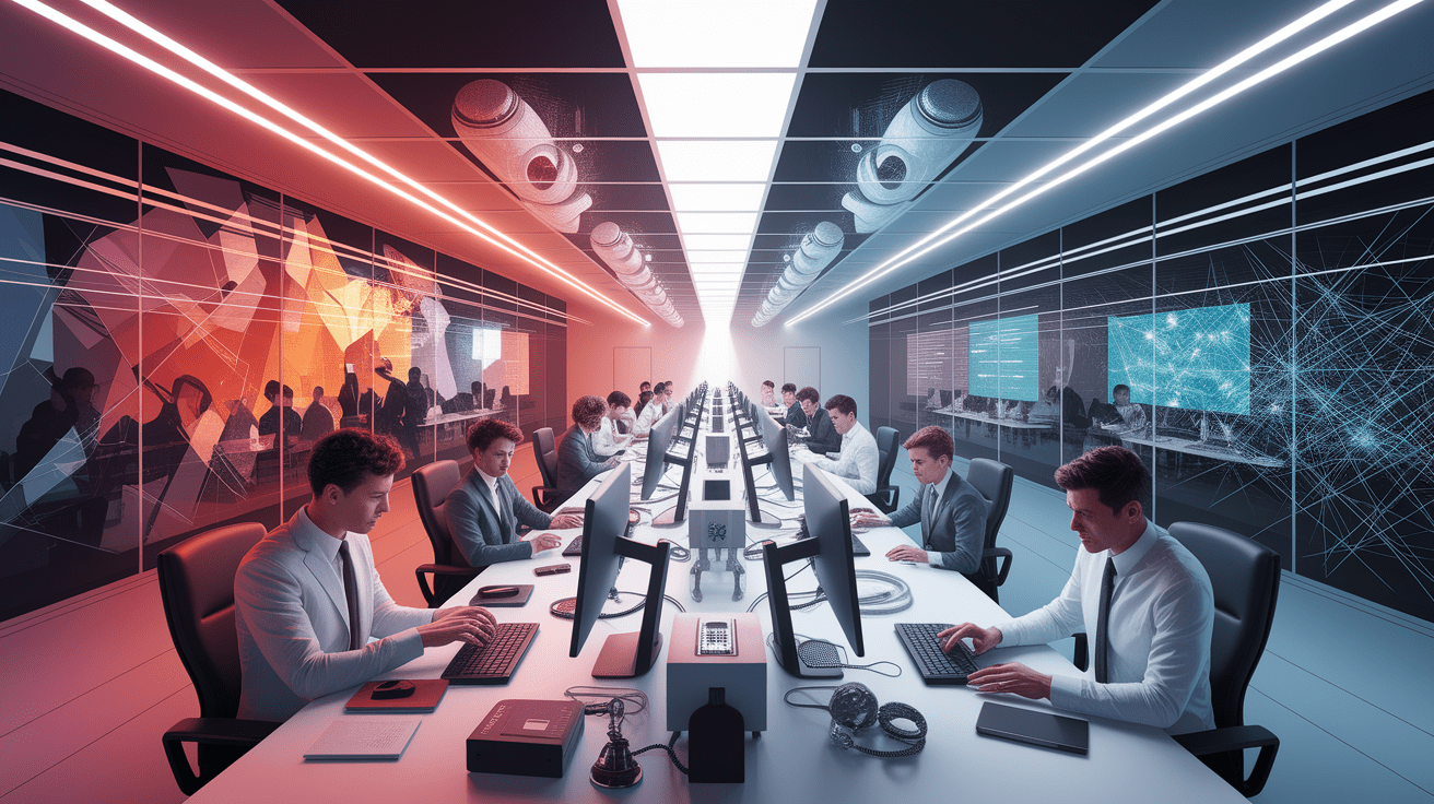 A conceptual illustration representing Threats to Psychological Safety in AI-Driven Workplaces. Visualize the main ideas: . Creative but clear representation of the concept. Style: photorealistic. high quality, detailed, professional, clean composition, good lighting, sharp focus, well-composed. high quality, professional, detailed, well-composed