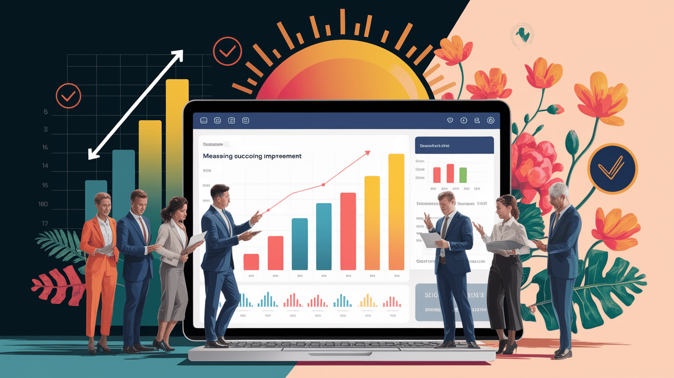 A conceptual illustration representing Measuring Success and Ongoing Improvement. Visualize the main ideas: . Creative but clear representation of the concept. Style: photorealistic. high quality, detailed, professional, clean composition, good lighting, sharp focus, well-composed. high quality, professional, detailed, well-composed