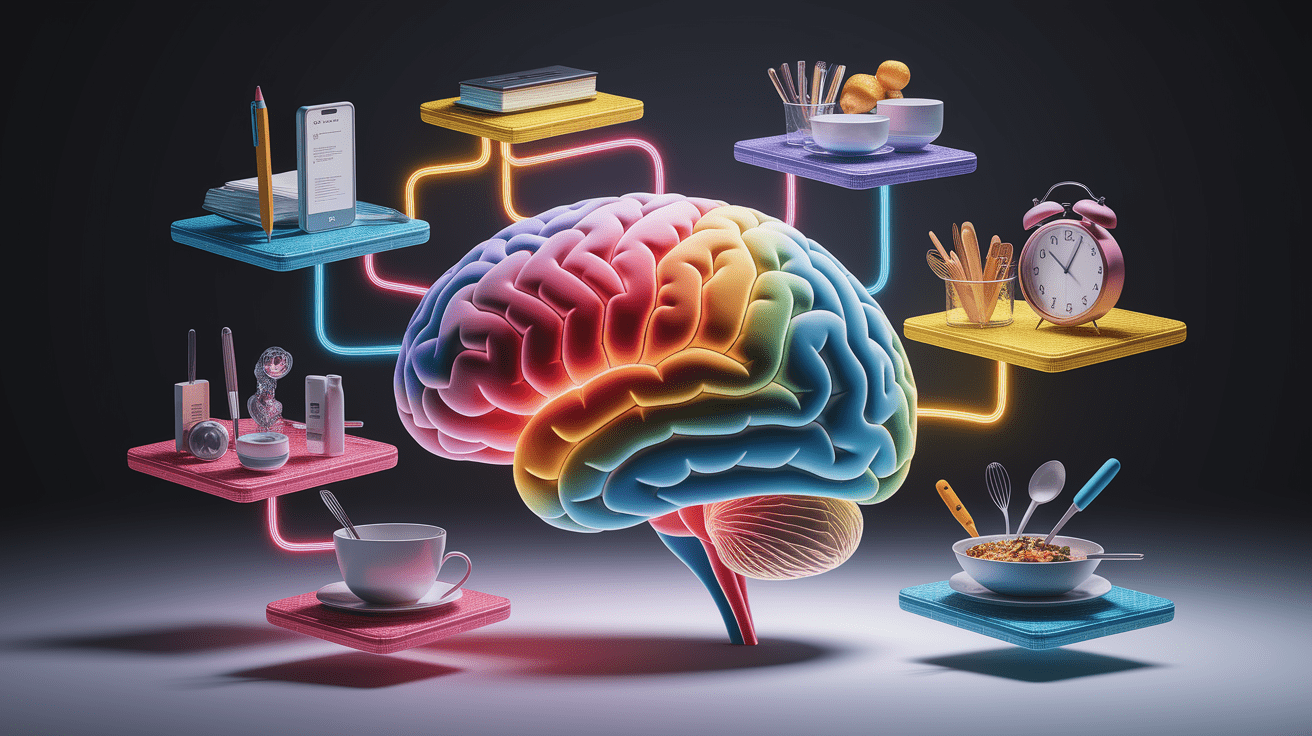 A conceptual illustration representing How Your Brain Handles Multitasking. Visualize the main ideas: . Creative but clear representation of the concept. Style: photorealistic. high quality, detailed, professional, clean composition, good lighting, sharp focus, well-composed. high quality, professional, detailed, well-composed