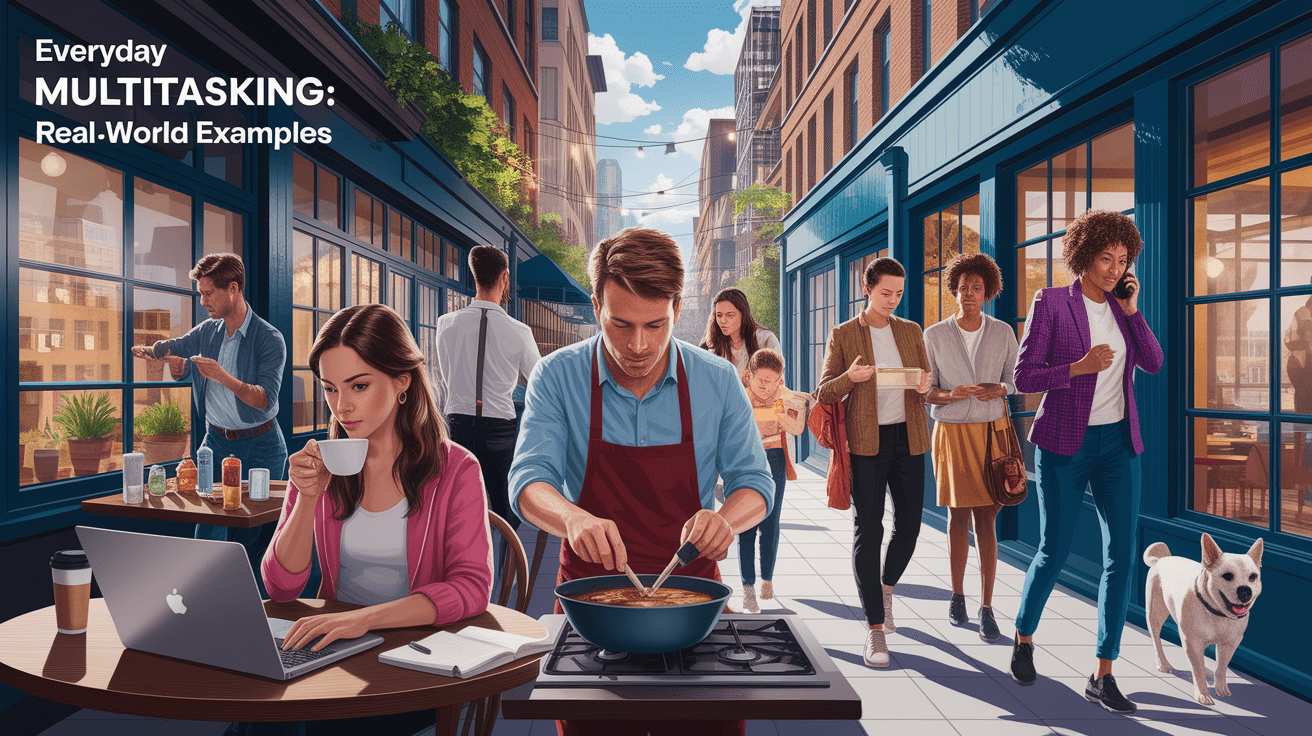 A conceptual illustration representing Everyday Multitasking: Real-World Examples. Visualize the main ideas: . Creative but clear representation of the concept. Style: photorealistic. high quality, detailed, professional, clean composition, good lighting, sharp focus, well-composed. high quality, professional, detailed, well-composed