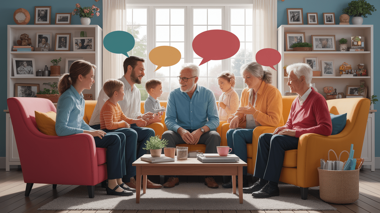 A conceptual illustration representing Psychological Foundations of Intergenerational Communication. Visualize the main ideas: . Creative but clear representation of the concept. Style: photorealistic. high quality, detailed, professional, clean composition, good lighting, sharp focus, well-composed. high quality, professional, detailed, well-composed