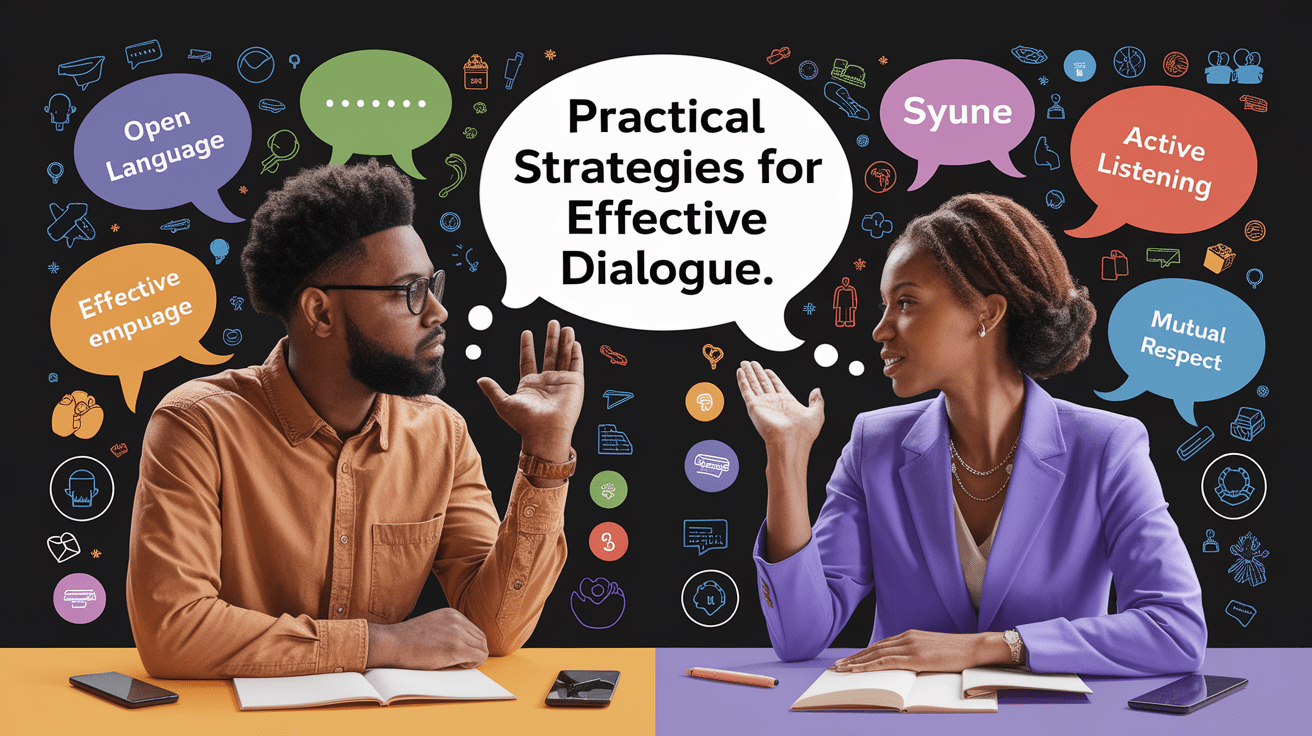 A conceptual illustration representing Practical Strategies for Effective Dialogue. Visualize the main ideas: . Creative but clear representation of the concept. Style: photorealistic. high quality, detailed, professional, clean composition, good lighting, sharp focus, well-composed. high quality, professional, detailed, well-composed