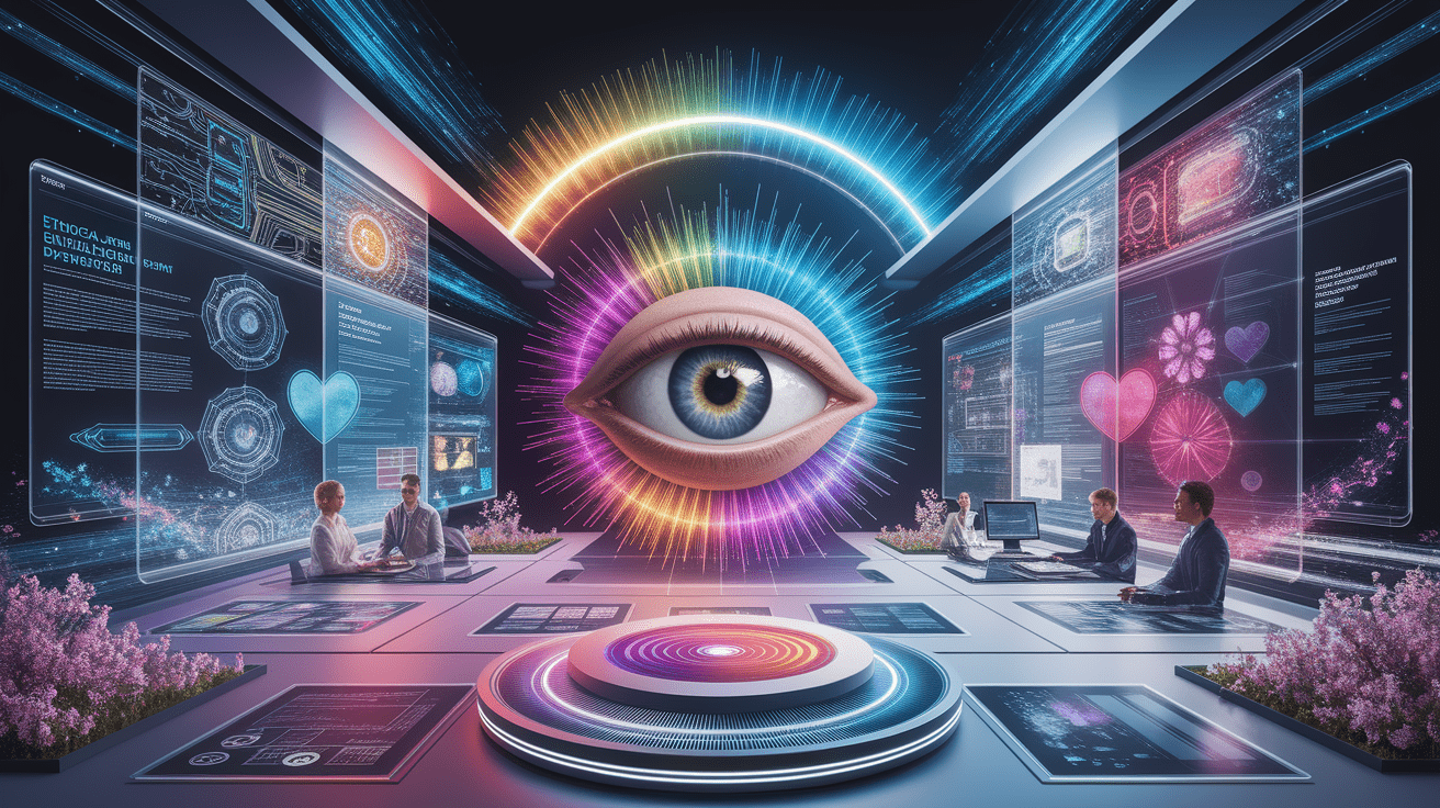 A conceptual illustration representing Opening the Mind’s Eye: Defining Ethical Tech Design Psychology. Visualize the main ideas: . Creative but clear representation of the concept. Style: photorealistic. high quality, detailed, professional, clean composition, good lighting, sharp focus, well-composed. high quality, professional, detailed, well-composed