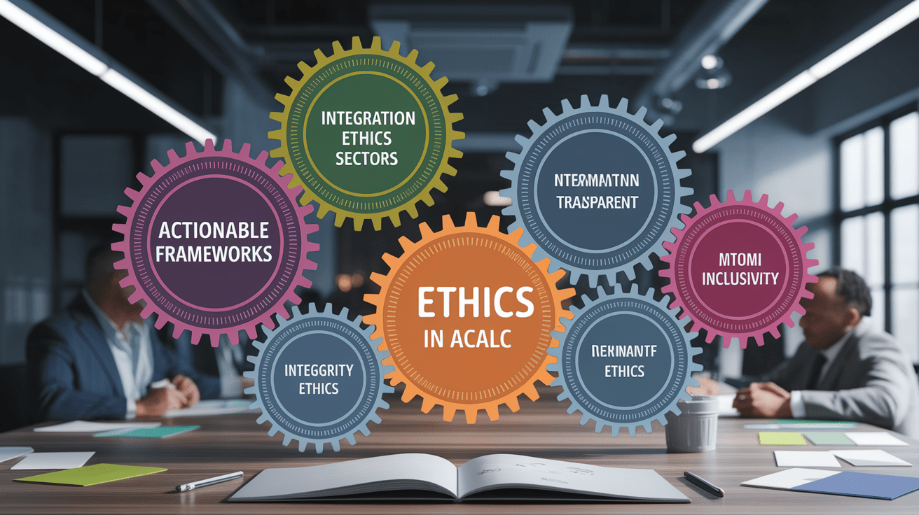 A conceptual illustration representing Actionable Frameworks: Embedding Ethics Systematically. Visualize the main ideas: . Creative but clear representation of the concept. Style: photorealistic. high quality, detailed, professional, clean composition, good lighting, sharp focus, well-composed. high quality, professional, detailed, well-composed