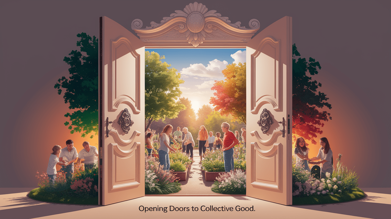 A conceptual illustration representing Opening Doors to Collective Good. Visualize the main ideas: . Creative but clear representation of the concept. Style: photorealistic. high quality, detailed, professional, clean composition, good lighting, sharp focus, well-composed. high quality, professional, detailed, well-composed