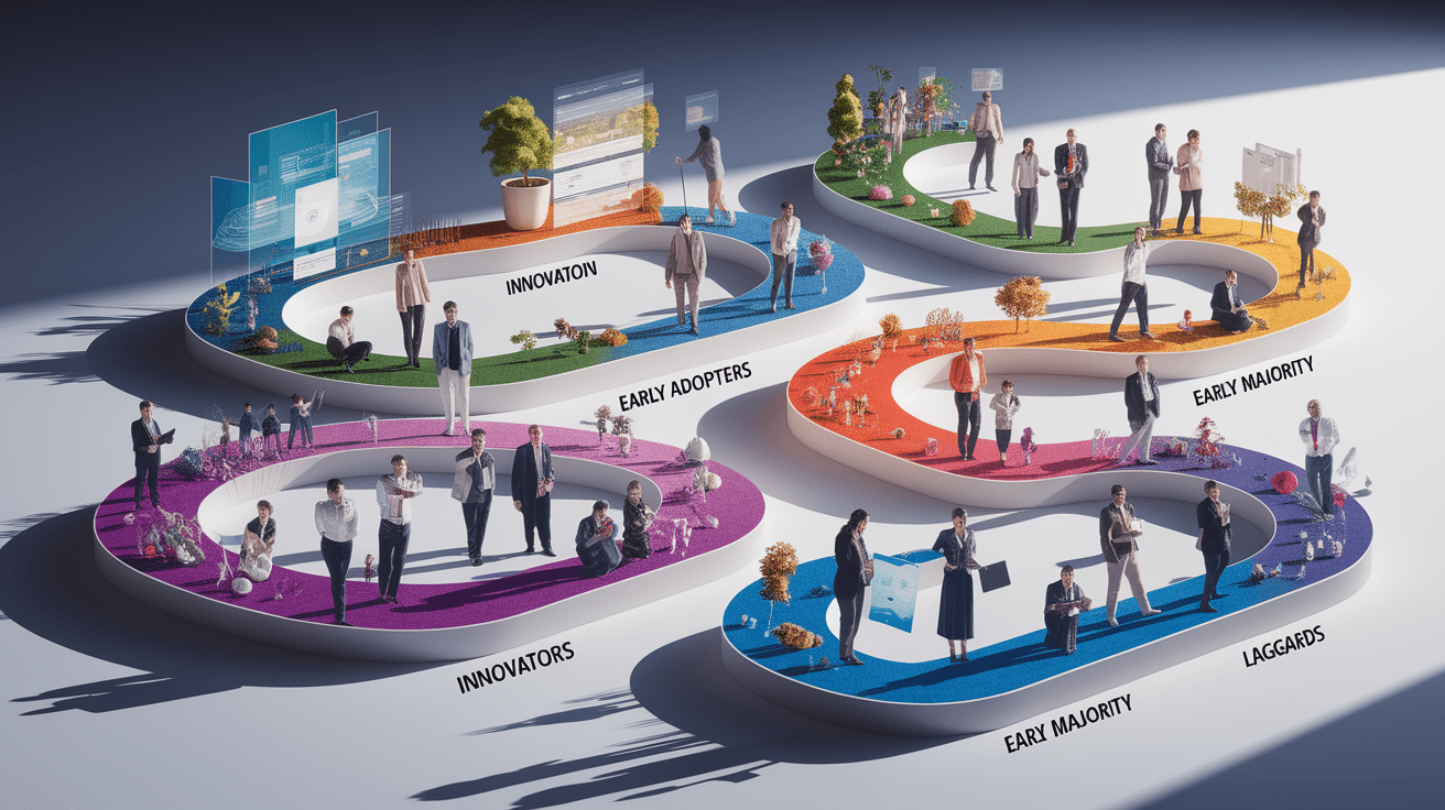 A conceptual illustration representing Mapping the Adoption Lifecycle. Visualize the main ideas: . Creative but clear representation of the concept. Style: photorealistic. high quality, detailed, professional, clean composition, good lighting, sharp focus, well-composed. high quality, professional, detailed, well-composed