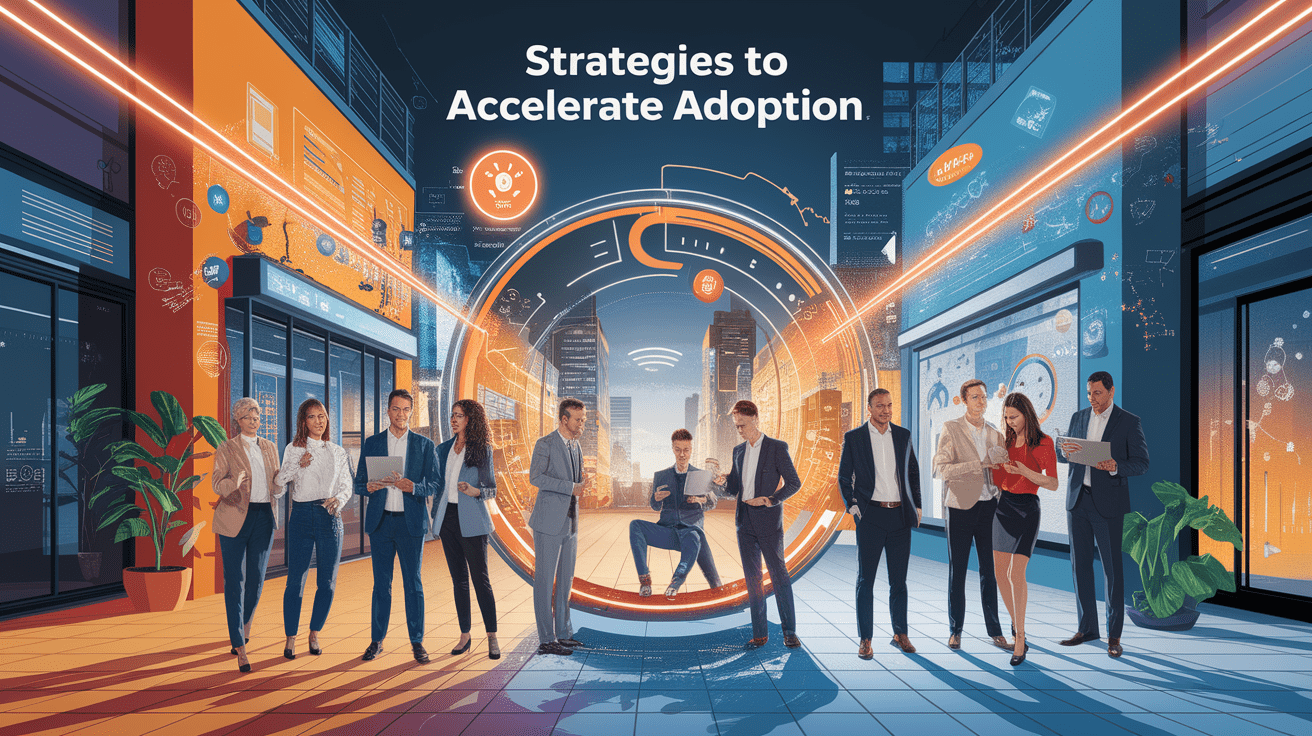 A conceptual illustration representing Strategies to Accelerate Adoption. Visualize the main ideas: . Creative but clear representation of the concept. Style: photorealistic. high quality, detailed, professional, clean composition, good lighting, sharp focus, well-composed. high quality, professional, detailed, well-composed