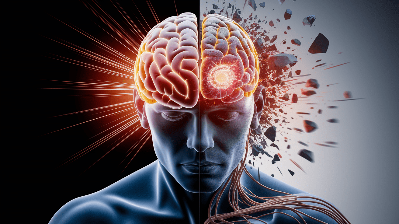 A conceptual illustration representing Neurophysiological Impact of Acute Stress. Visualize the main ideas: . Creative but clear representation of the concept. Style: photorealistic. high quality, detailed, professional, clean composition, good lighting, sharp focus, well-composed. high quality, professional, detailed, well-composed