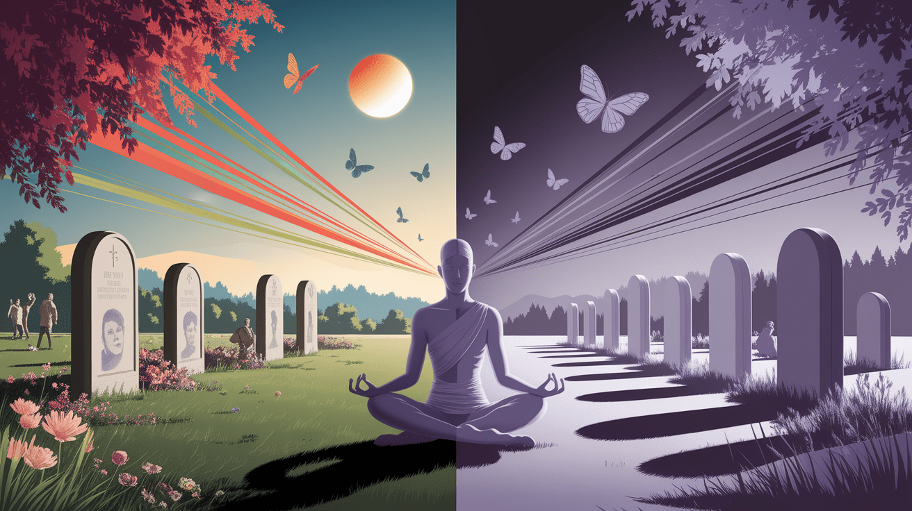 A conceptual illustration representing Finding Meaning: The Role of Meaning Systems in Death Anxiety. Visualize the main ideas: . Creative but clear representation of the concept. Style: photorealistic. high quality, detailed, professional, clean composition, good lighting, sharp focus, well-composed. high quality, professional, detailed, well-composed