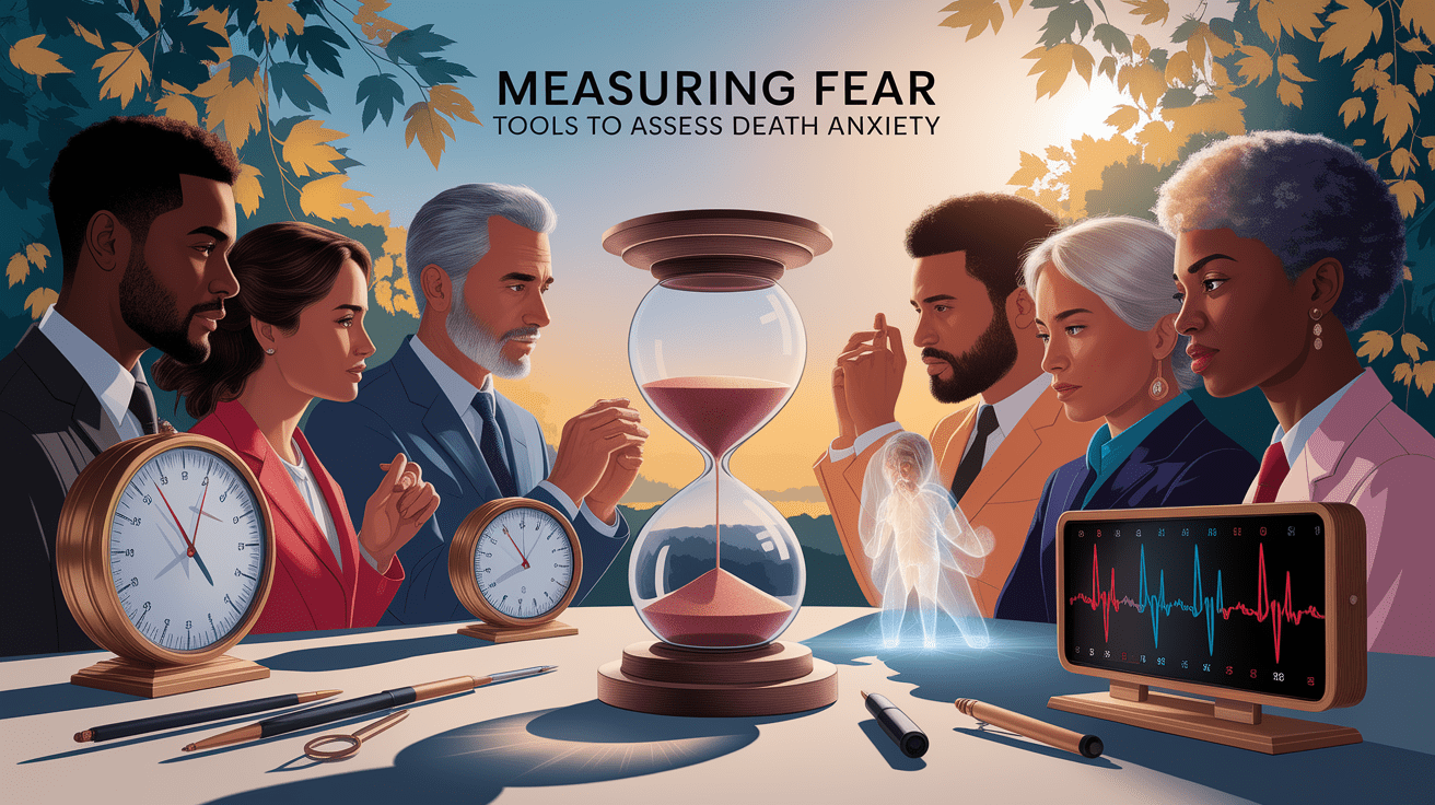A conceptual illustration representing Measuring Fear: Tools to Assess Death Anxiety. Visualize the main ideas: . Creative but clear representation of the concept. Style: photorealistic. high quality, detailed, professional, clean composition, good lighting, sharp focus, well-composed. high quality, professional, detailed, well-composed