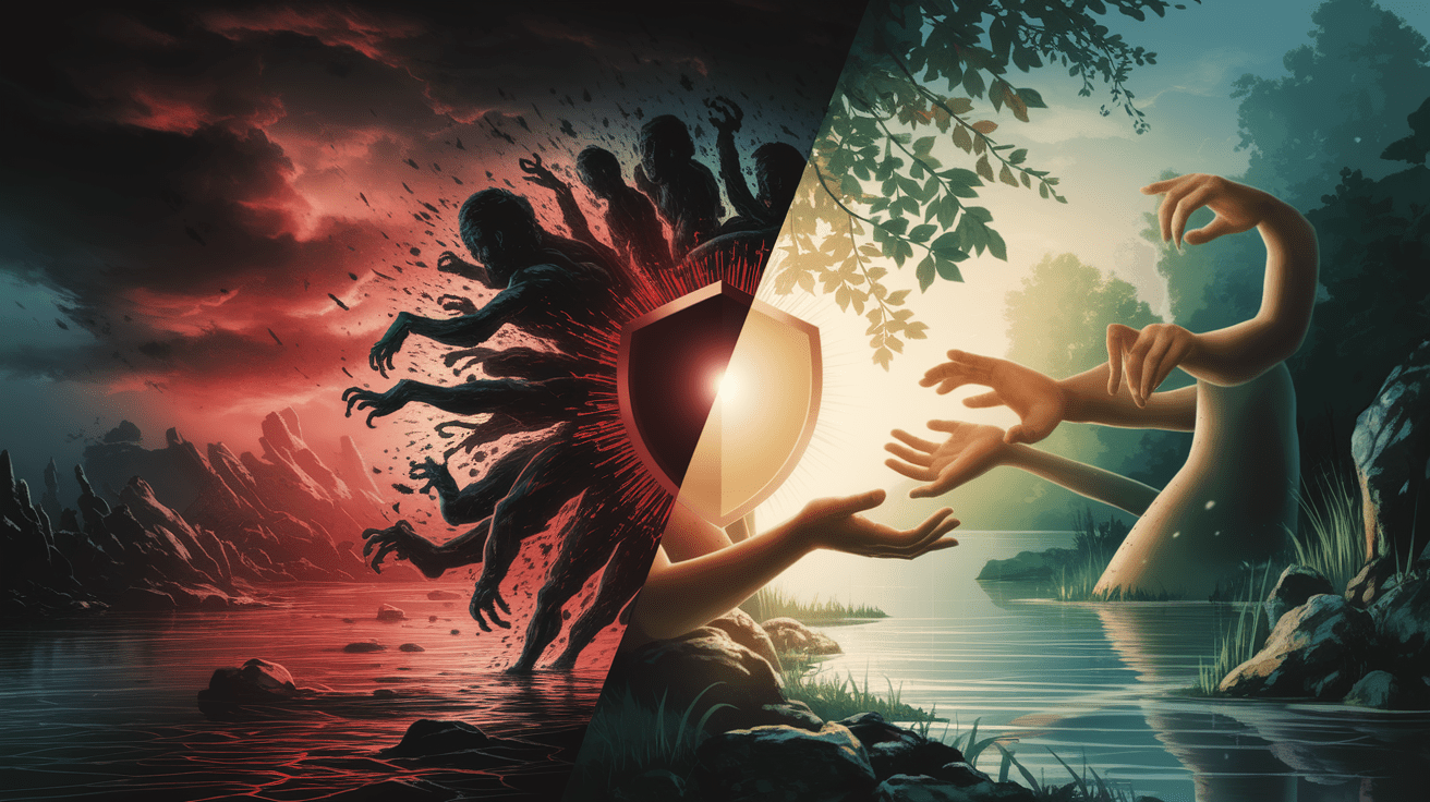 A conceptual illustration representing Shifting Influences: Factors that Amplify or Alleviate Fear. Visualize the main ideas: . Creative but clear representation of the concept. Style: photorealistic. high quality, detailed, professional, clean composition, good lighting, sharp focus, well-composed. high quality, professional, detailed, well-composed