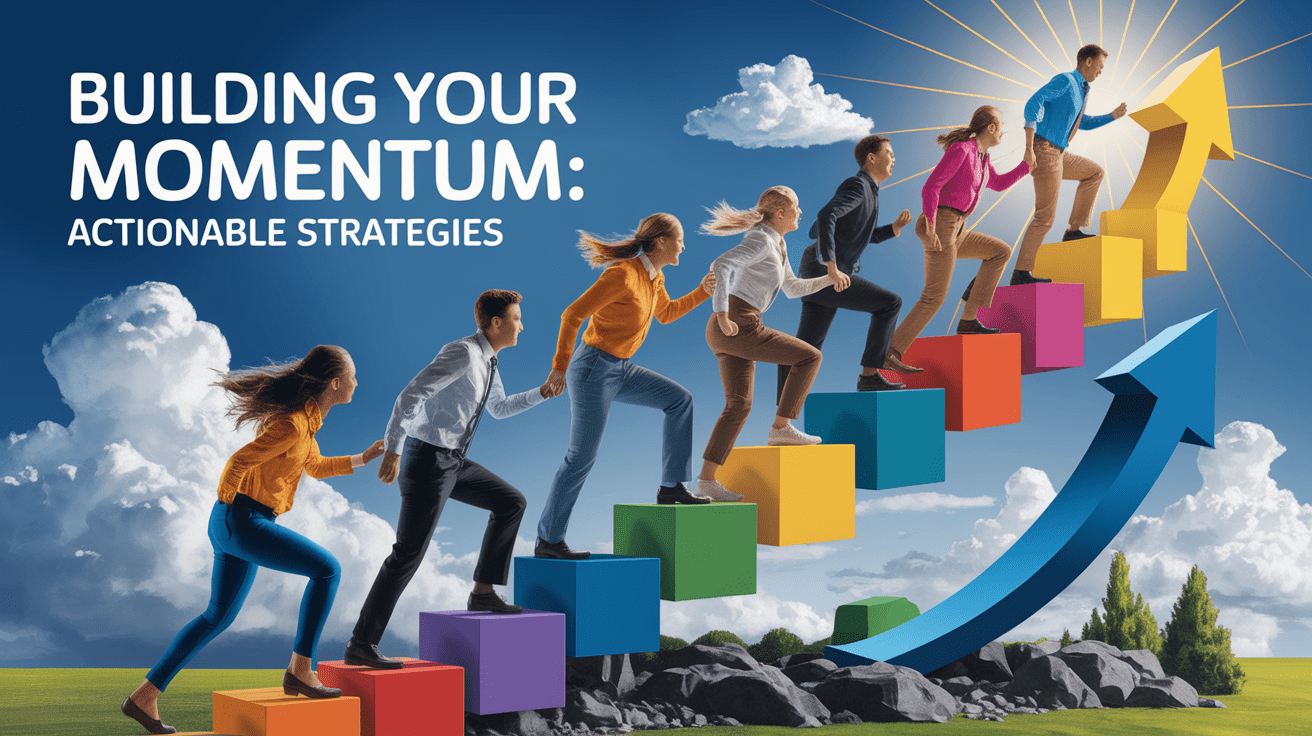 A conceptual illustration representing Building Your Momentum: Actionable Strategies. Visualize the main ideas: . Creative but clear representation of the concept. Style: photorealistic. high quality, detailed, professional, clean composition, good lighting, sharp focus, well-composed. high quality, professional, detailed, well-composed