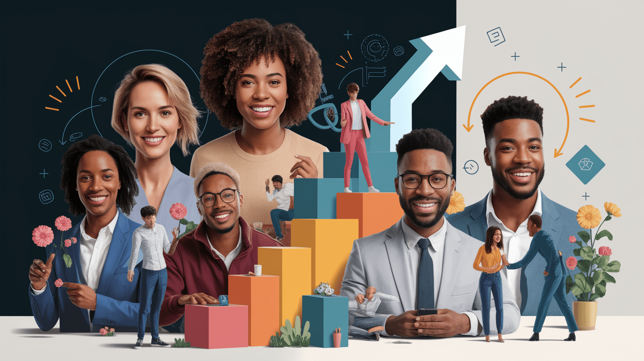 A conceptual illustration representing Real-World Applications of Small-Win Psychology. Visualize the main ideas: . Creative but clear representation of the concept. Style: photorealistic. high quality, detailed, professional, clean composition, good lighting, sharp focus, well-composed. high quality, professional, detailed, well-composed