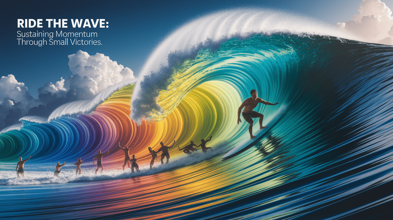A conceptual illustration representing Ride the Wave: Sustaining Momentum Through Small Victories. Visualize the main ideas: . Creative but clear representation of the concept. Style: photorealistic. high quality, detailed, professional, clean composition, good lighting, sharp focus, well-composed. high quality, professional, detailed, well-composed
