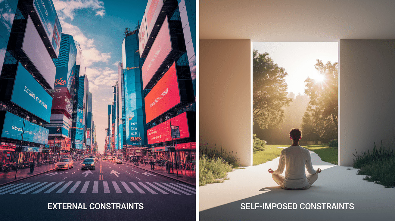 A side-by-side comparison visual for Types of Constraints â External vs. Self-Imposed. Show contrasting elements: . Use clear visual separation, possibly with split-screen or before/after layout. Style: photorealistic. high quality, detailed, professional, clean composition, good lighting, sharp focus, well-composed. high quality, professional, detailed, well-composed