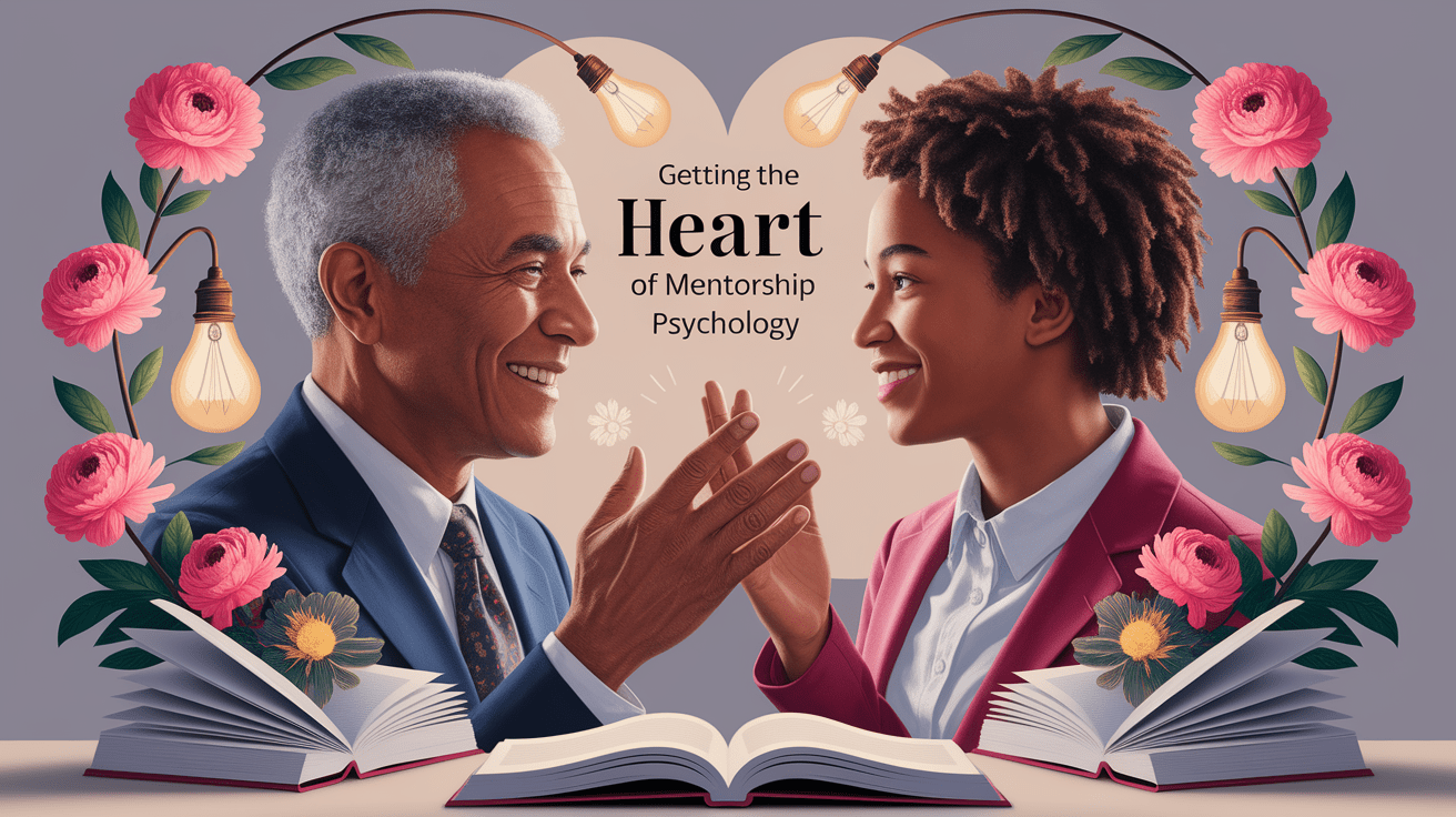 A conceptual illustration representing Getting to the Heart of Mentorship Psychology. Visualize the main ideas: . Creative but clear representation of the concept. Style: photorealistic. high quality, detailed, professional, clean composition, good lighting, sharp focus, well-composed. high quality, professional, detailed, well-composed