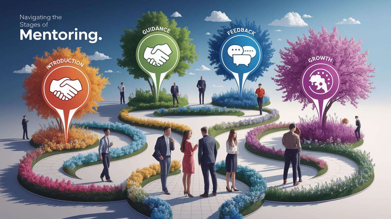 A conceptual illustration representing Navigating the Stages of Mentoring. Visualize the main ideas: . Creative but clear representation of the concept. Style: photorealistic. high quality, detailed, professional, clean composition, good lighting, sharp focus, well-composed. high quality, professional, detailed, well-composed