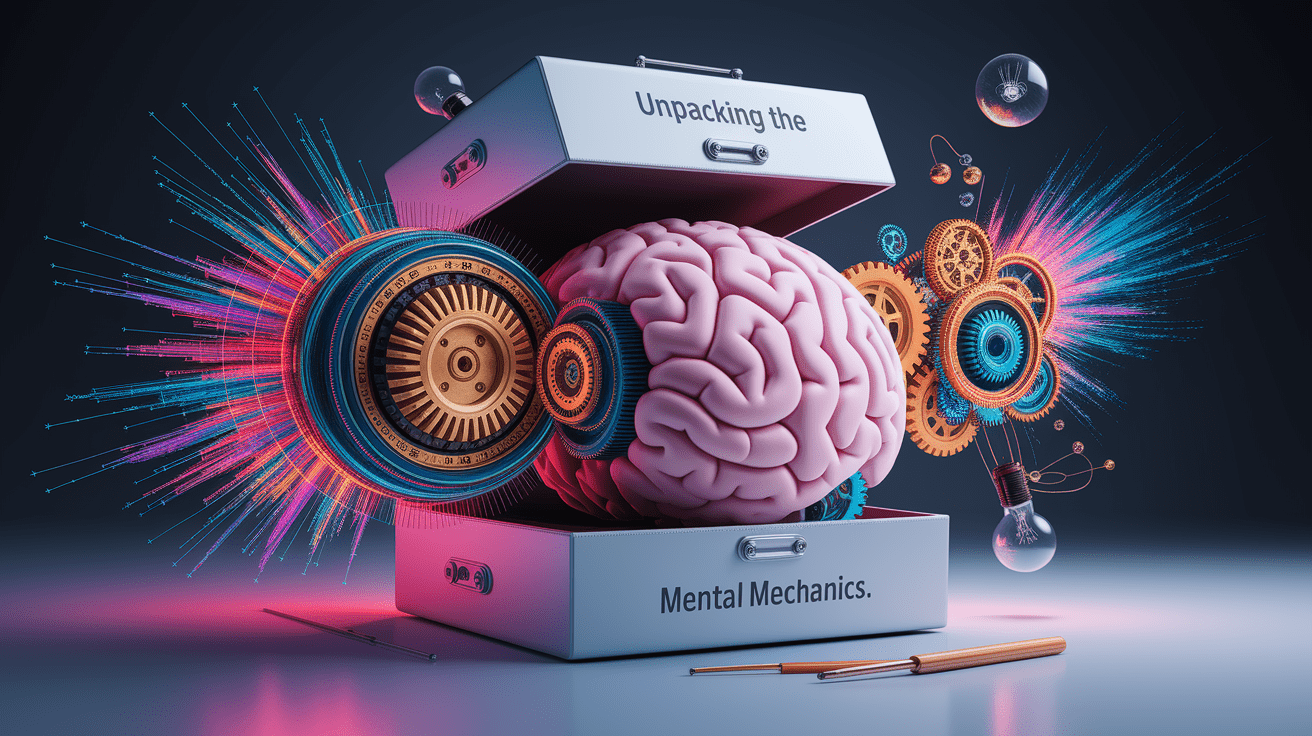 A conceptual illustration representing Unpacking the Mental Mechanics. Visualize the main ideas: . Creative but clear representation of the concept. Style: photorealistic. high quality, detailed, professional, clean composition, good lighting, sharp focus, well-composed. high quality, professional, detailed, well-composed