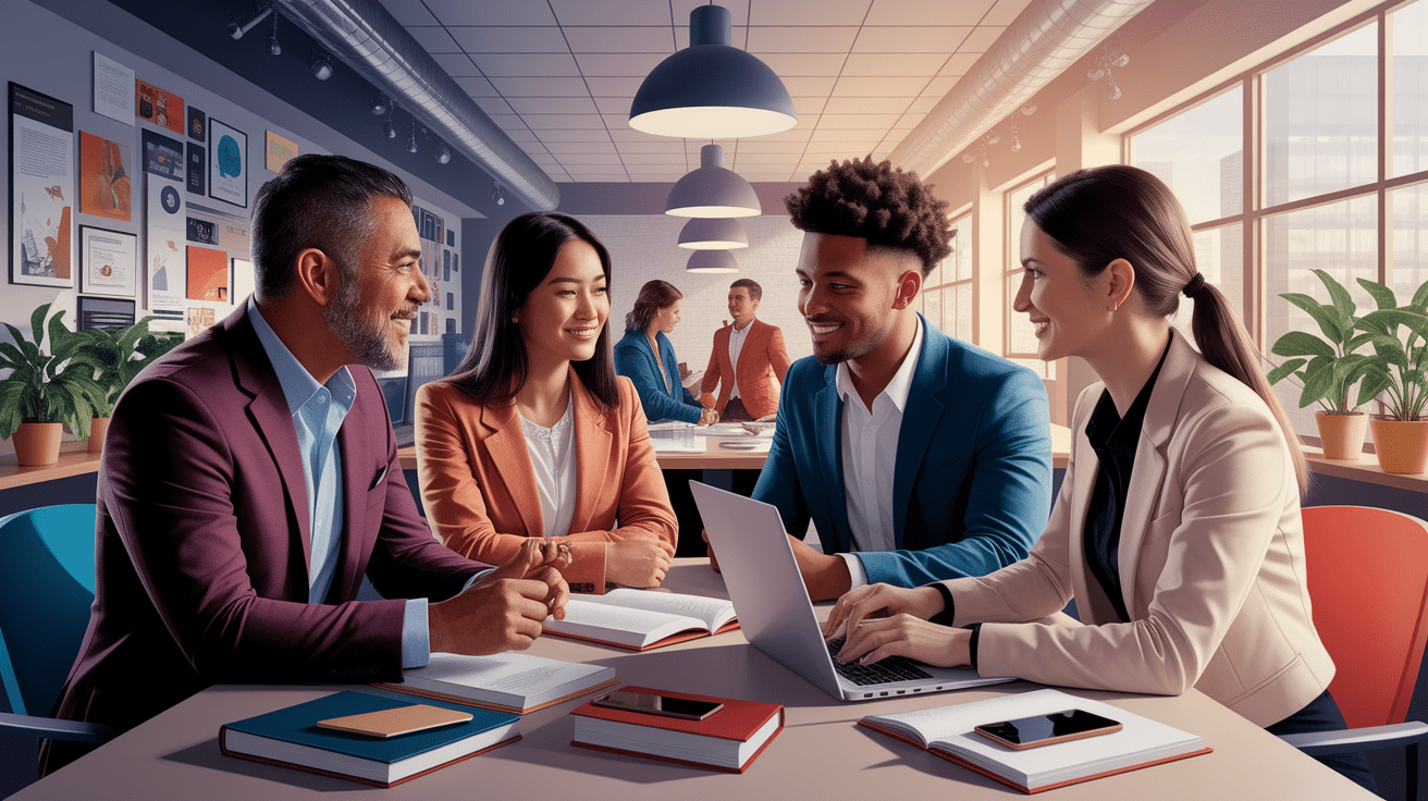 A conceptual illustration representing Mentoring in Diverse Environments. Visualize the main ideas: . Creative but clear representation of the concept. Style: photorealistic. high quality, detailed, professional, clean composition, good lighting, sharp focus, well-composed. high quality, professional, detailed, well-composed