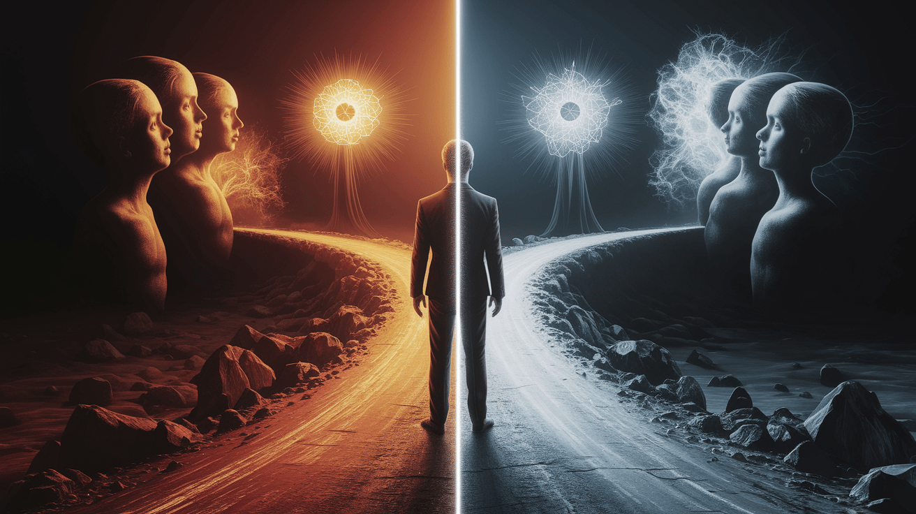 A conceptual illustration representing Internal Conflicts and Ethical Dissonance. Visualize the main ideas: . Creative but clear representation of the concept. Style: photorealistic. high quality, detailed, professional, clean composition, good lighting, sharp focus, well-composed. high quality, professional, detailed, well-composed