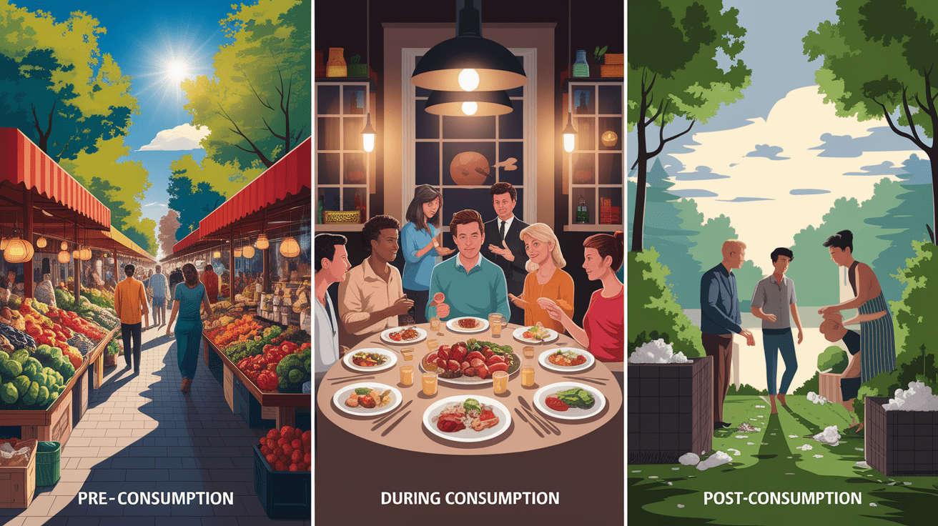 A conceptual illustration representing A Lifecycle View: Pre-, During, and Post-Consumption. Visualize the main ideas: . Creative but clear representation of the concept. Style: photorealistic. high quality, detailed, professional, clean composition, good lighting, sharp focus, well-composed. high quality, professional, detailed, well-composed