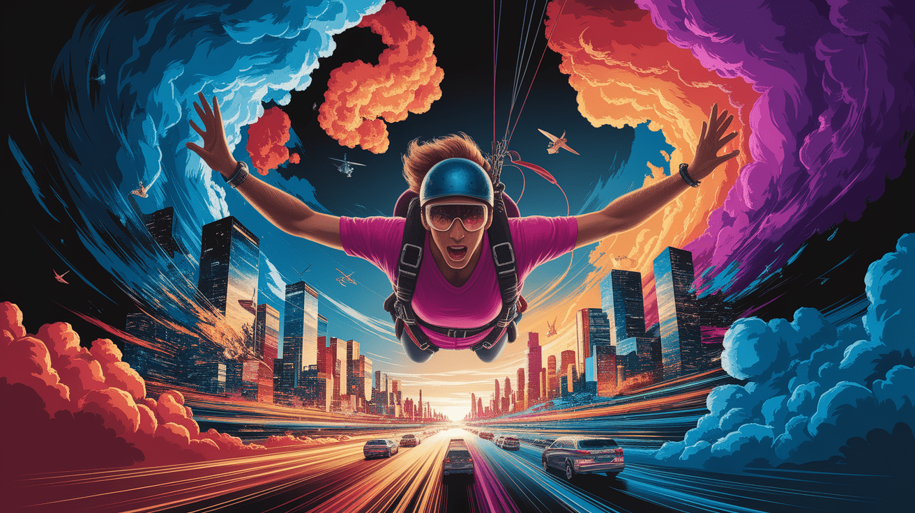 A conceptual illustration representing Chasing the Thrill: Defining Sensation-Seeking Psychology. Visualize the main ideas: . Creative but clear representation of the concept. Style: photorealistic. high quality, detailed, professional, clean composition, good lighting, sharp focus, well-composed. high quality, professional, detailed, well-composed