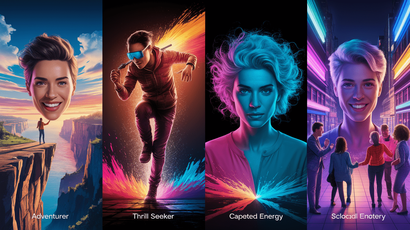 A conceptual illustration representing The Four Faces of Sensation Seeking. Visualize the main ideas: . Creative but clear representation of the concept. Style: photorealistic. high quality, detailed, professional, clean composition, good lighting, sharp focus, well-composed. high quality, professional, detailed, well-composed