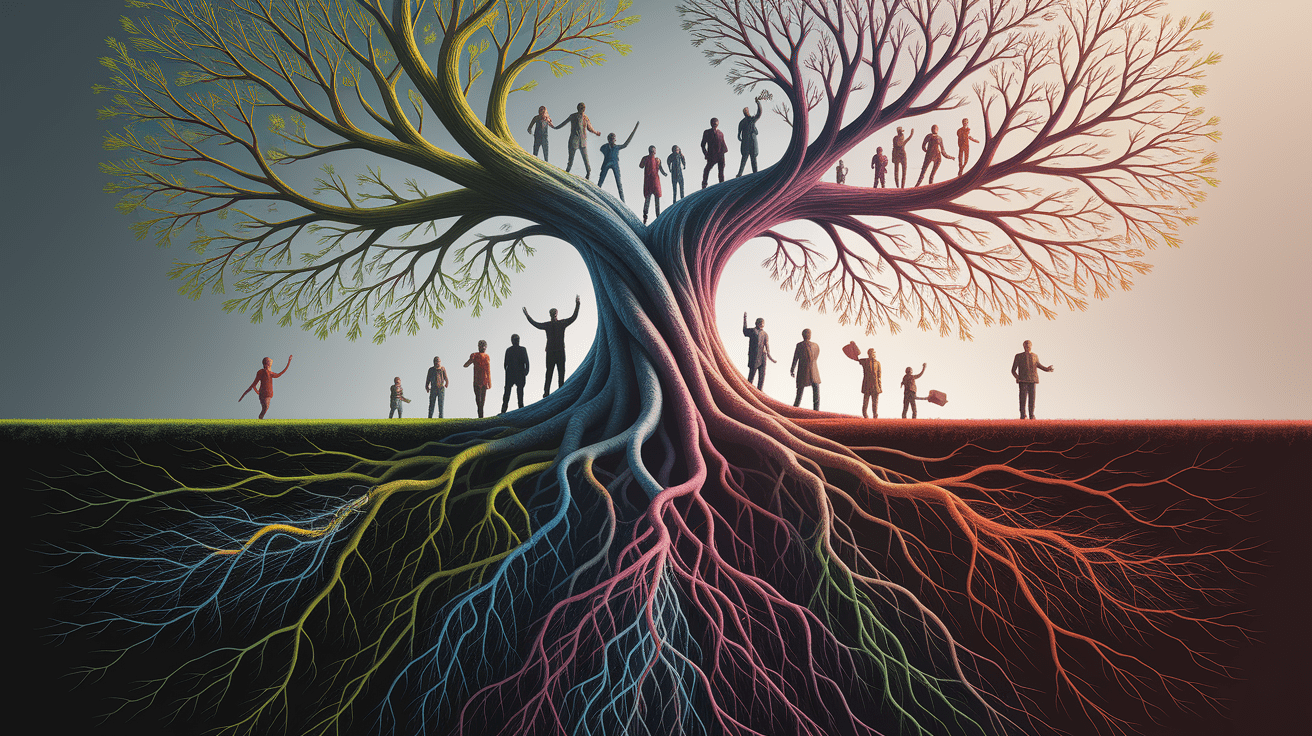A conceptual illustration representing The Roots of Risk: Biological and Social Foundations. Visualize the main ideas: . Creative but clear representation of the concept. Style: photorealistic. high quality, detailed, professional, clean composition, good lighting, sharp focus, well-composed. high quality, professional, detailed, well-composed