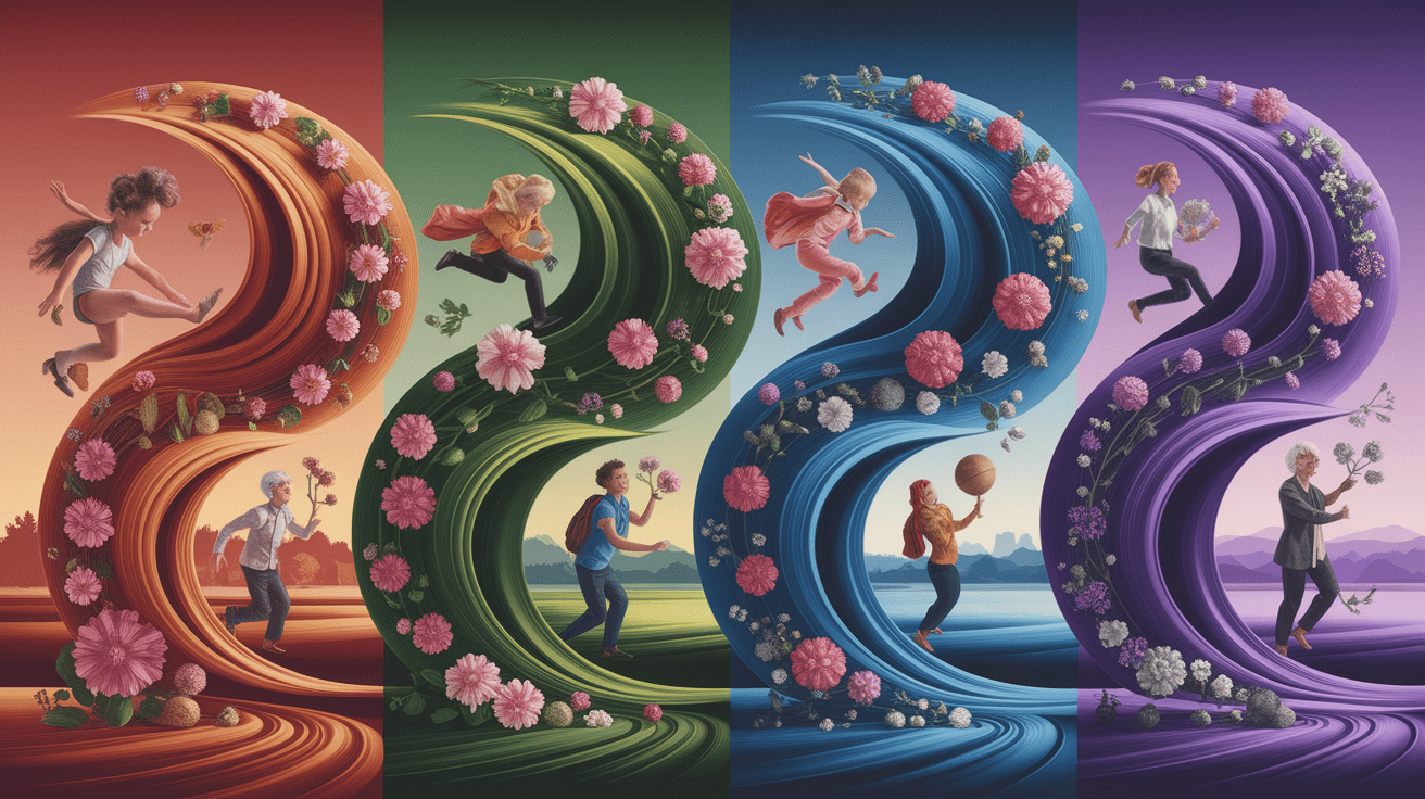 A conceptual illustration representing Lifespan Thrills: Development and Gender Patterns. Visualize the main ideas: . Creative but clear representation of the concept. Style: photorealistic. high quality, detailed, professional, clean composition, good lighting, sharp focus, well-composed. high quality, professional, detailed, well-composed