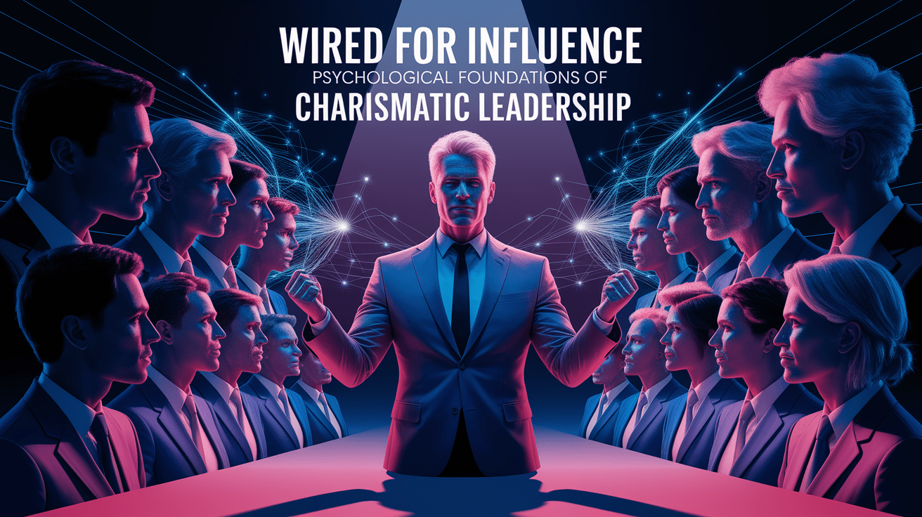 A conceptual illustration representing Wired for Influence: Psychological Foundations of Charismatic Leadership. Visualize the main ideas: . Creative but clear representation of the concept. Style: photorealistic. high quality, detailed, professional, clean composition, good lighting, sharp focus, well-composed. high quality, professional, detailed, well-composed