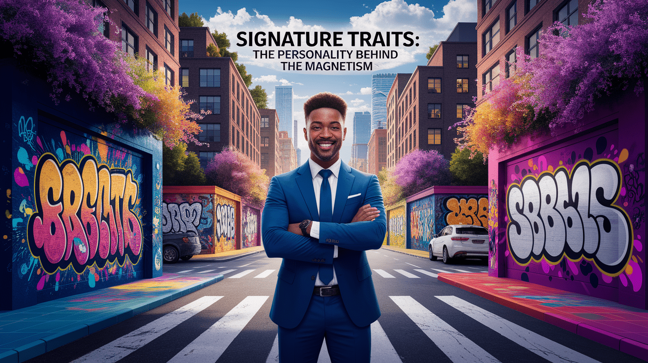 A conceptual illustration representing Signature Traits: The Personality Behind the Magnetism. Visualize the main ideas: . Creative but clear representation of the concept. Style: photorealistic. high quality, detailed, professional, clean composition, good lighting, sharp focus, well-composed. high quality, professional, detailed, well-composed