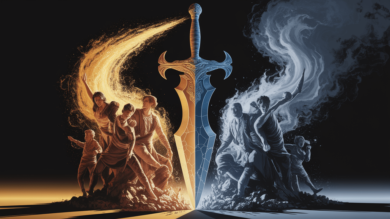 A conceptual illustration representing Power and Pitfalls: The Double-Edged Sword of Charisma. Visualize the main ideas: . Creative but clear representation of the concept. Style: photorealistic. high quality, detailed, professional, clean composition, good lighting, sharp focus, well-composed. high quality, professional, detailed, well-composed