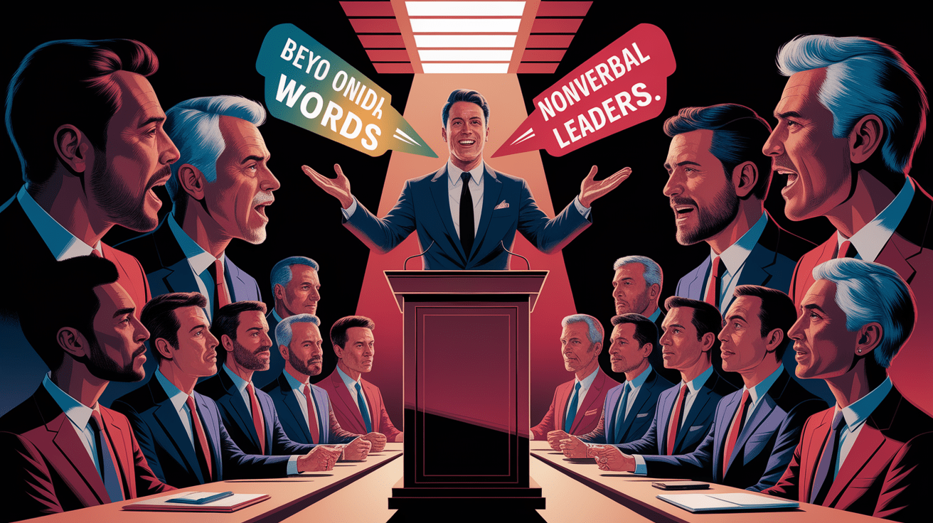 A conceptual illustration representing Beyond Words: Verbal and Nonverbal Tools of Charismatic Leaders. Visualize the main ideas: . Creative but clear representation of the concept. Style: photorealistic. high quality, detailed, professional, clean composition, good lighting, sharp focus, well-composed. high quality, professional, detailed, well-composed