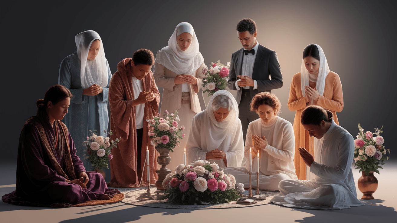 A conceptual illustration representing Cultural Variations in Mourning Practices. Visualize the main ideas: . Creative but clear representation of the concept. Style: photorealistic. high quality, detailed, professional, clean composition, good lighting, sharp focus, well-composed. high quality, professional, detailed, well-composed