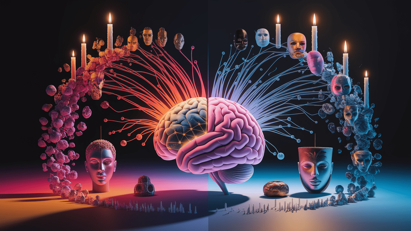 A conceptual illustration representing Neuroscience Insights on Ritual Components. Visualize the main ideas: . Creative but clear representation of the concept. Style: photorealistic. high quality, detailed, professional, clean composition, good lighting, sharp focus, well-composed. high quality, professional, detailed, well-composed