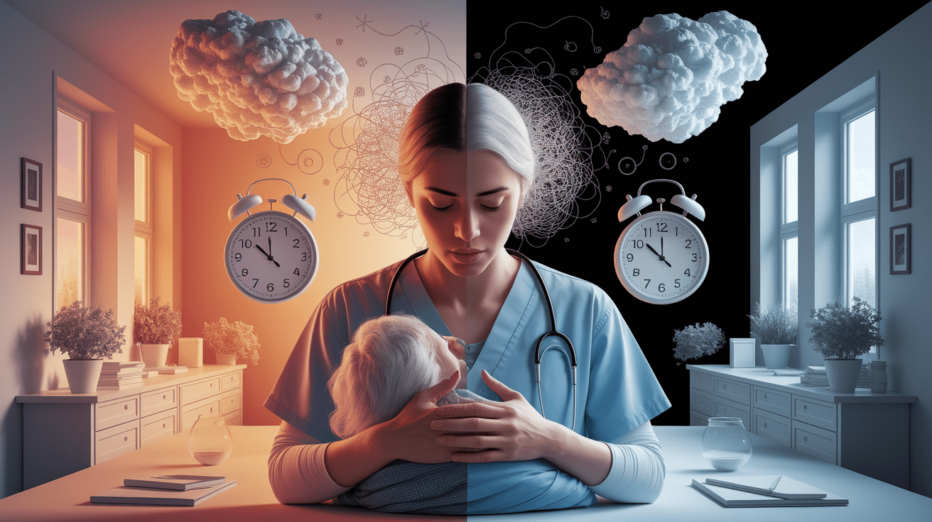 A conceptual illustration representing Psychological Triggers: Why Caregivers Burn Out. Visualize the main ideas: . Creative but clear representation of the concept. Style: photorealistic. high quality, detailed, professional, clean composition, good lighting, sharp focus, well-composed. high quality, professional, detailed, well-composed