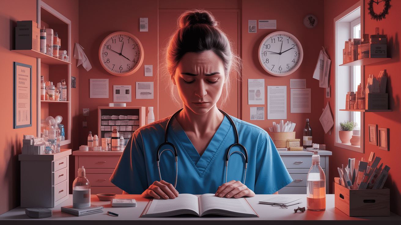 A conceptual illustration representing Spotting the Signs: Symptoms of Caregiver Burnout. Visualize the main ideas: . Creative but clear representation of the concept. Style: photorealistic. high quality, detailed, professional, clean composition, good lighting, sharp focus, well-composed. high quality, professional, detailed, well-composed