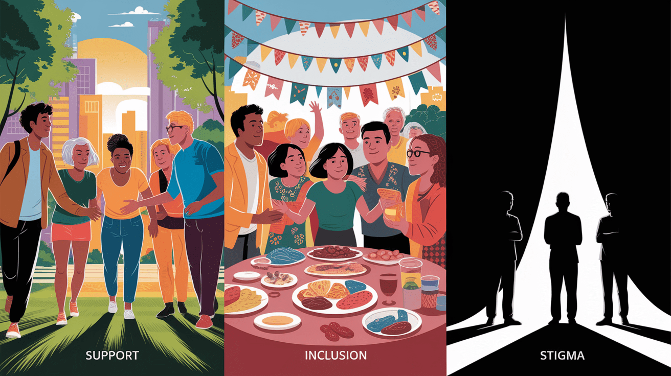 A conceptual illustration representing Social Dimensions: Support, Inclusion, and Stigma. Visualize the main ideas: . Creative but clear representation of the concept. Style: photorealistic. high quality, detailed, professional, clean composition, good lighting, sharp focus, well-composed. high quality, professional, detailed, well-composed