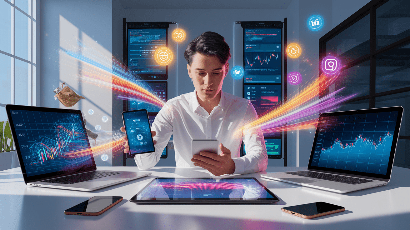 A conceptual illustration representing Optimizing Your Digital Presence. Visualize the main ideas: . Creative but clear representation of the concept. Style: photorealistic. high quality, detailed, professional, clean composition, good lighting, sharp focus, well-composed. high quality, professional, detailed, well-composed