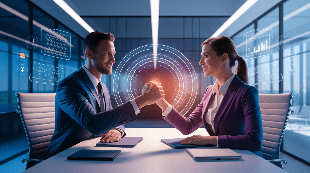 A conceptual illustration representing Sealing the Virtual Deal. Visualize the main ideas: . Creative but clear representation of the concept. Style: photorealistic. high quality, detailed, professional, clean composition, good lighting, sharp focus, well-composed. high quality, professional, detailed, well-composed