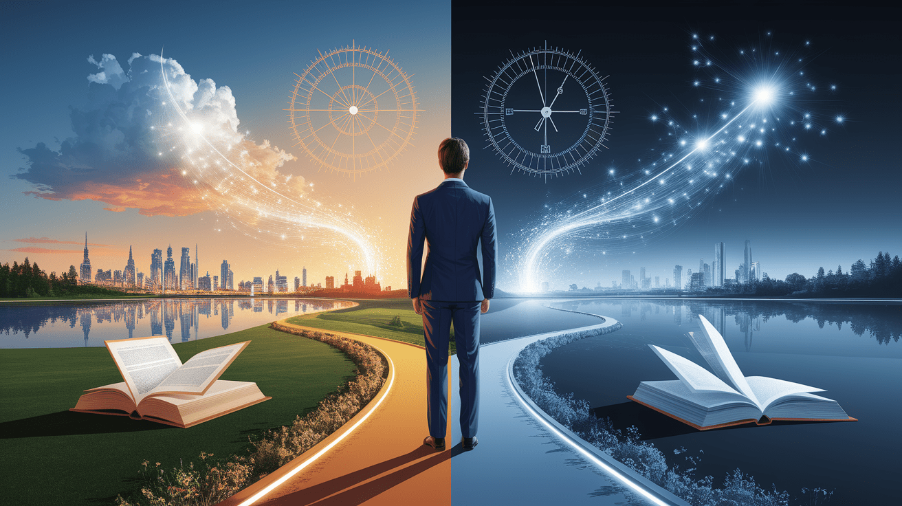 A conceptual illustration representing Introduction: Bridging Your Present and Future Self. Visualize the main ideas: . Creative but clear representation of the concept. Style: photorealistic. high quality, detailed, professional, clean composition, good lighting, sharp focus, well-composed. high quality, professional, detailed, well-composed